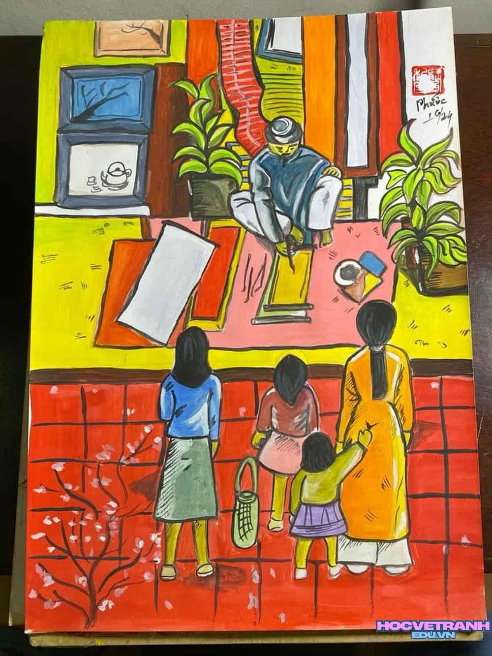 Tranh chợ tết đơn giản