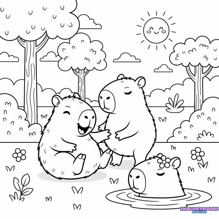 Tranh tô màu capybara cute xinh