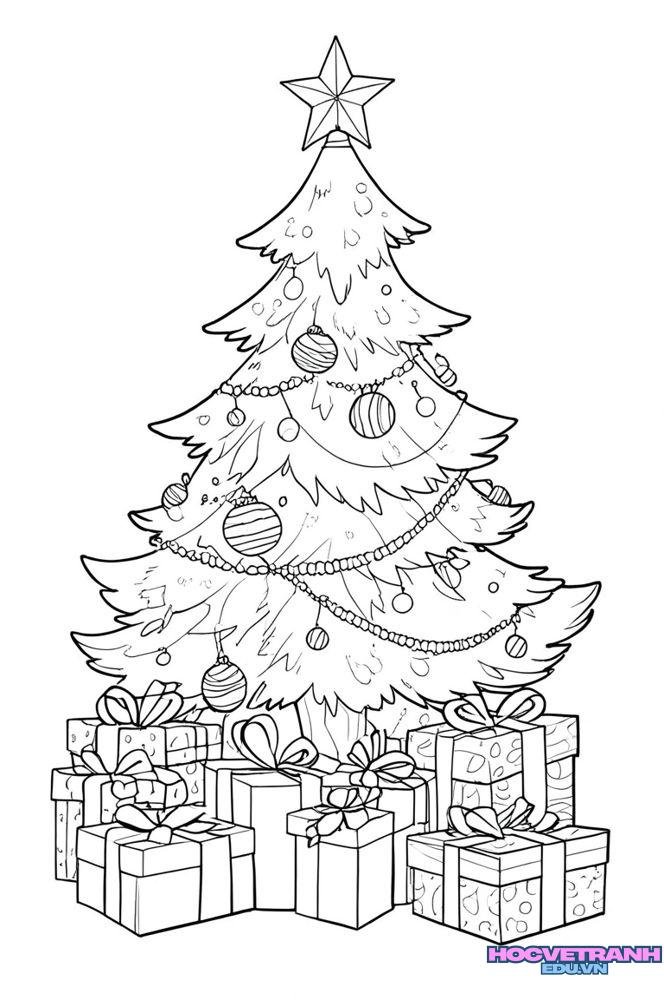 Tranh tô màu cây thông đẹp xinh