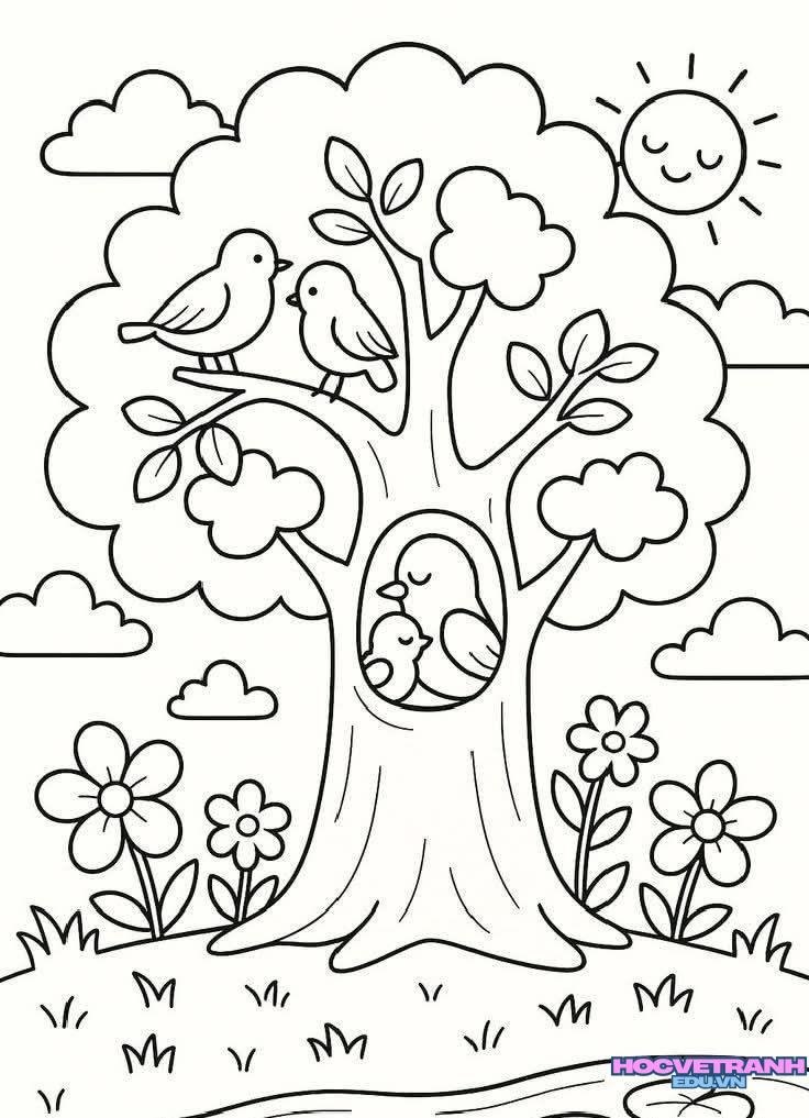 Tranh tô màu cây xanh tươi