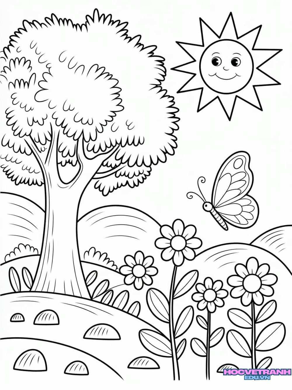 Tranh tô màu cây xanh vườn