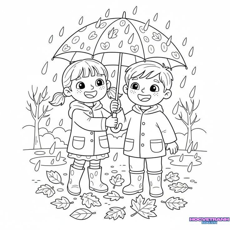 Tranh tô màu mưa rơi nhẹ