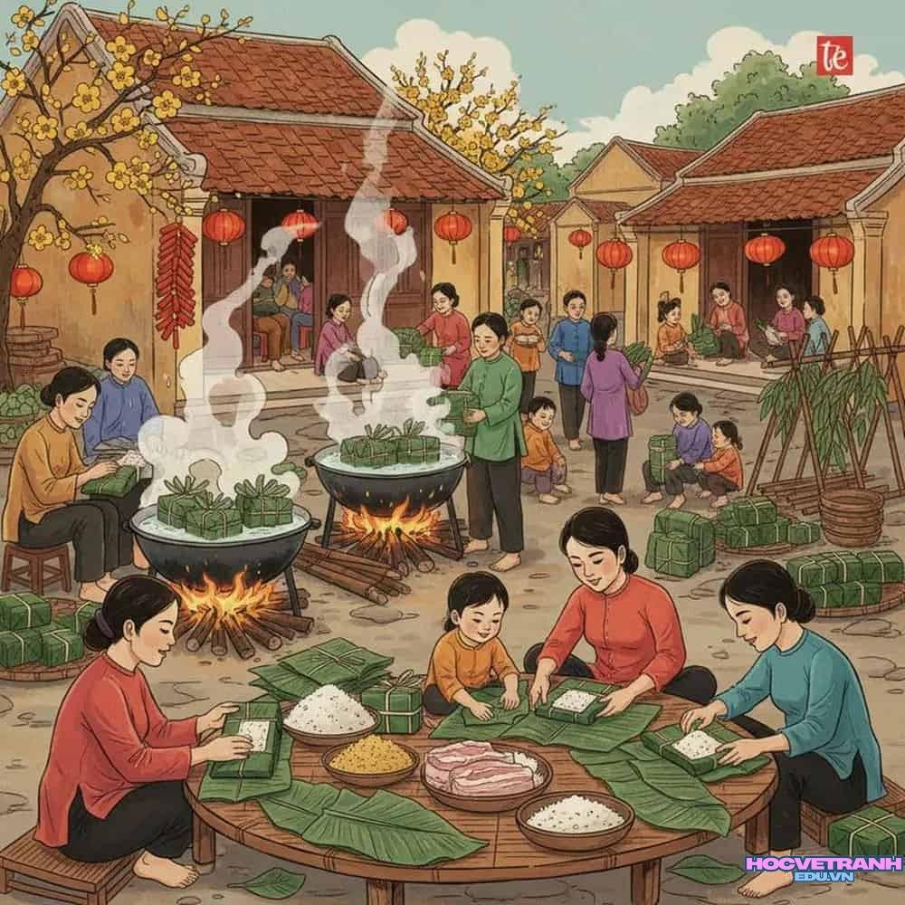 Vẽ chợ tết ngày xuân