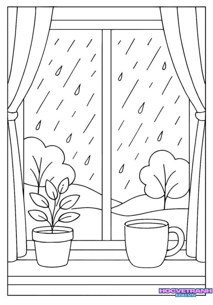 ảnh tranh tô màu cảnh trời mưa cute