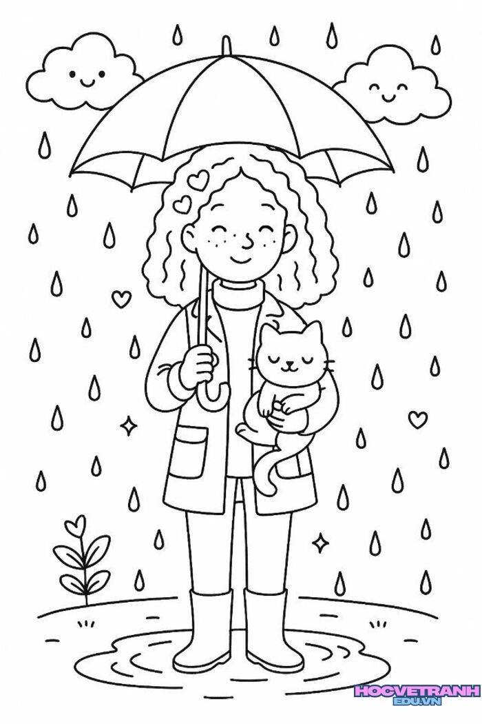 ảnh tranh tô màu cảnh trời mưa đáng yêu
