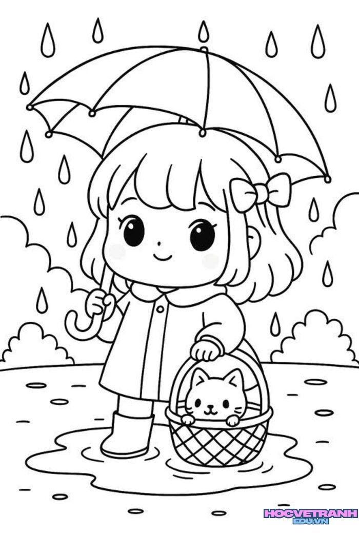 ảnh tranh tô màu cảnh trời mưa siêu cute