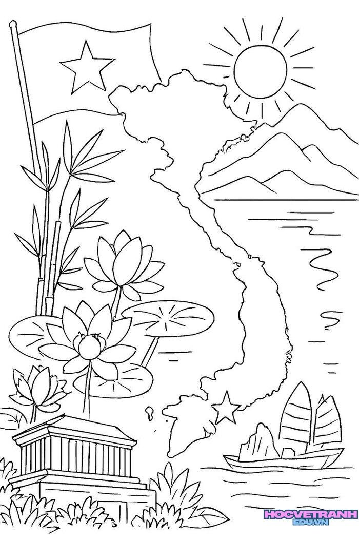 ảnh tranh tô màu chủ đề quê hương đất nước cute