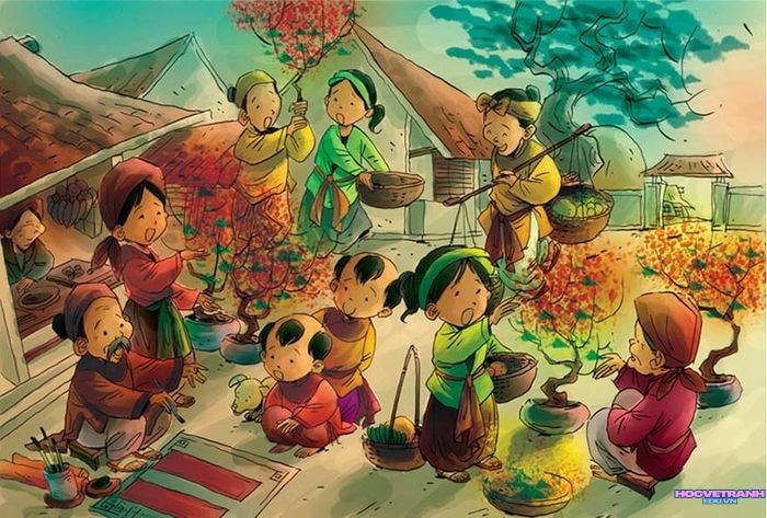 chợ tết tranh vẽ