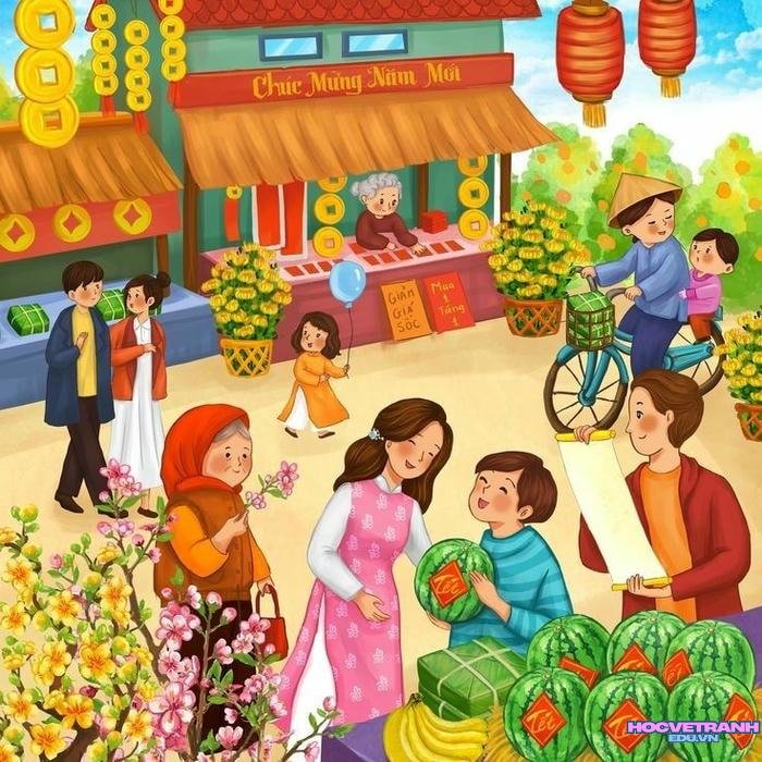 chợ tết vẽ