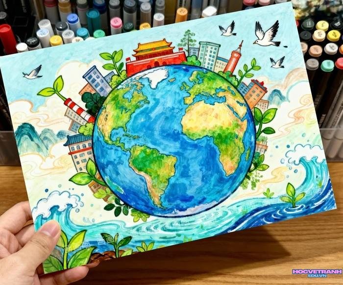 mẫu vẽ tranh bảo vệ trái đất học sinh