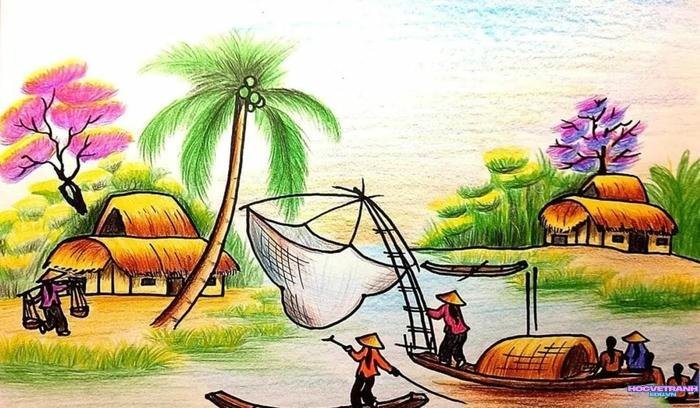 mẫu vẽ tranh cảnh đẹp quê hương sinh động