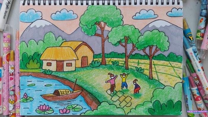 mẫu vẽ tranh cảnh đẹp quê hương thiếu nhi