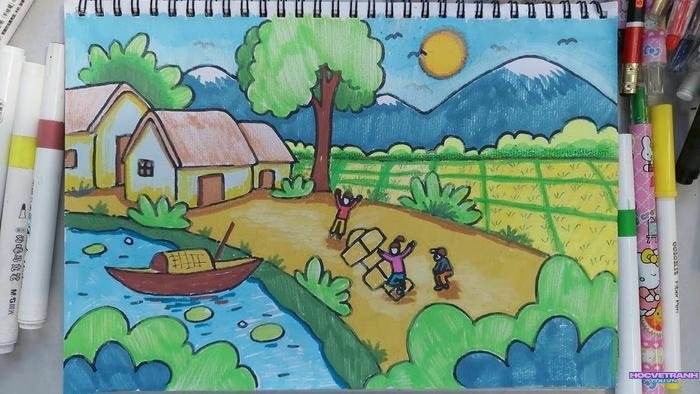 mẫu vẽ tranh cảnh đẹp quê hương yên bình