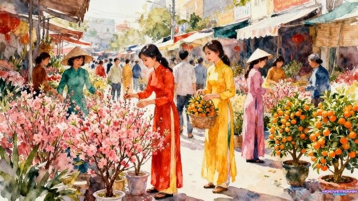 mẫu vẽ tranh chợ tết cho bé