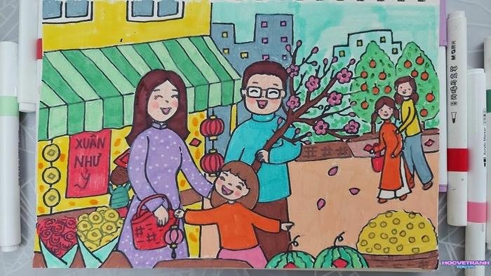 mẫu vẽ tranh chợ tết dễ vẽ