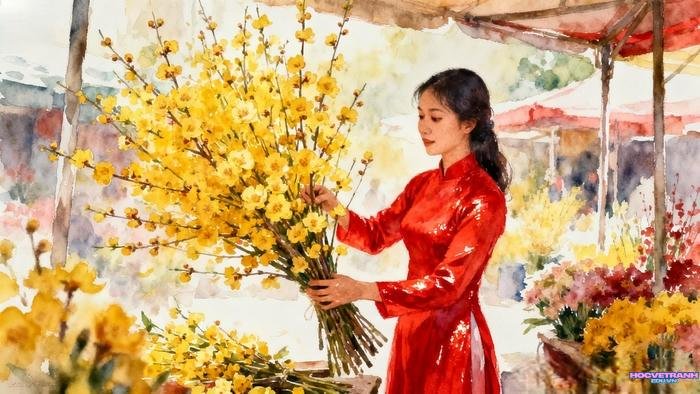 mẫu vẽ tranh chợ tết đông vui