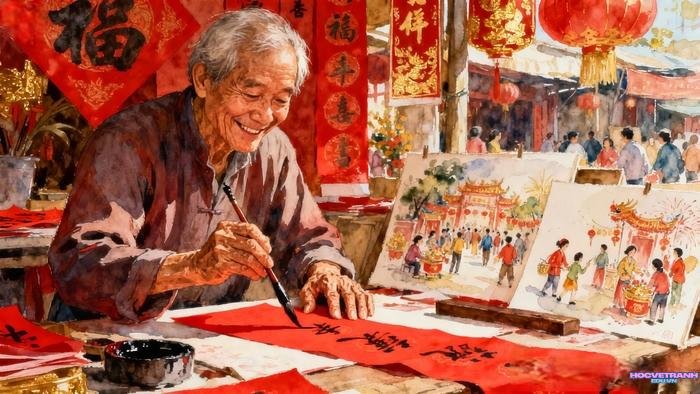 mẫu vẽ tranh chợ tết ngày xuân