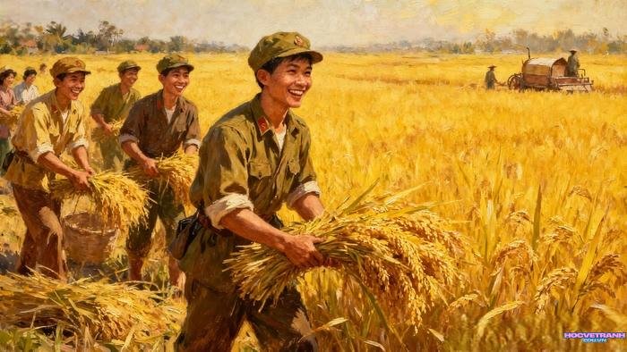 mẫu vẽ tranh chú bộ đội giúp dân