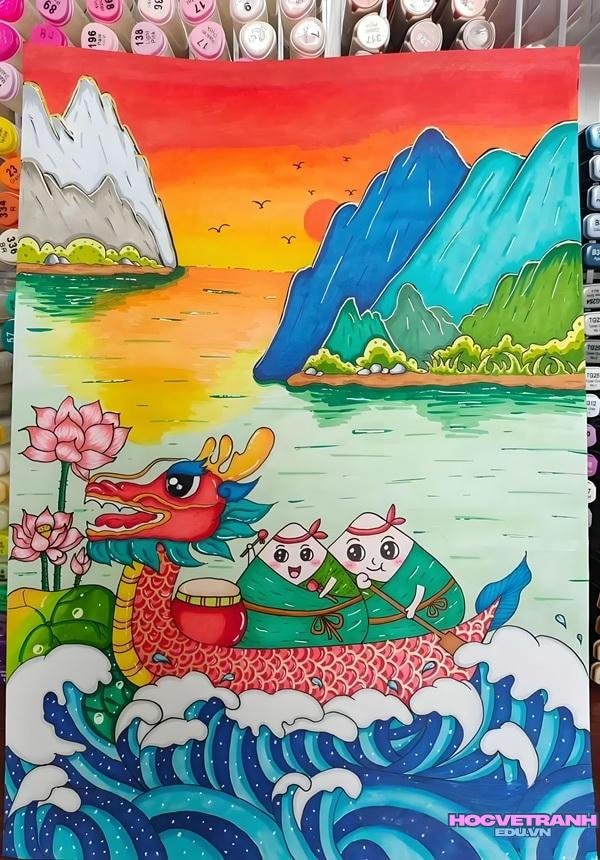 tranh đề tài lễ hội đua thuyền