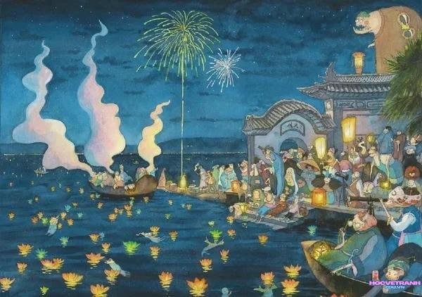 tranh đèn hoa đăng sáng