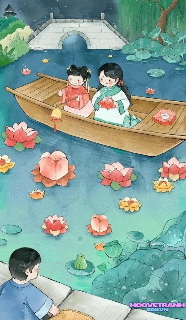 tranh dòng sông hoa đăng