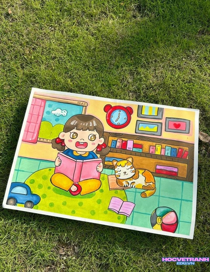 tranh em bé đọc sách