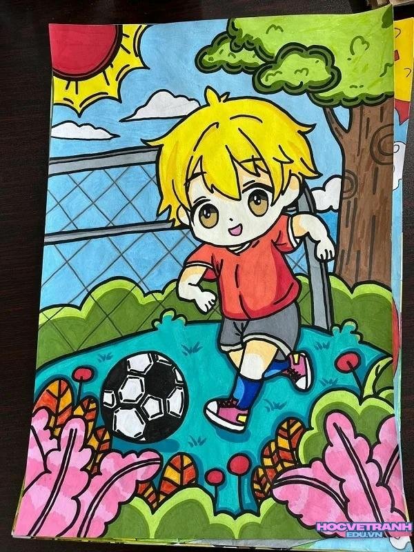 tranh học sinh đá bóng