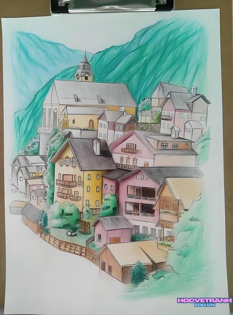 tranh khu phố cao tầng