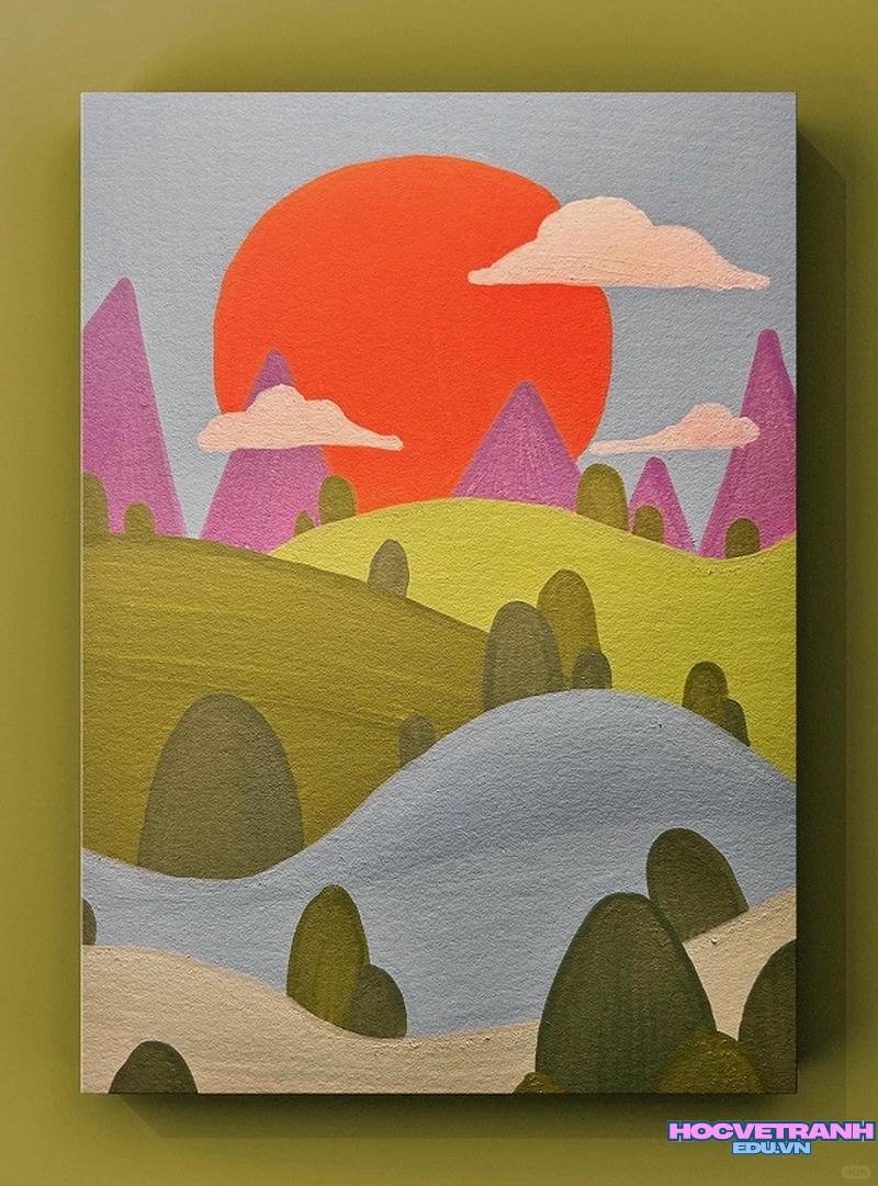 tranh mặt trời và núi đồi