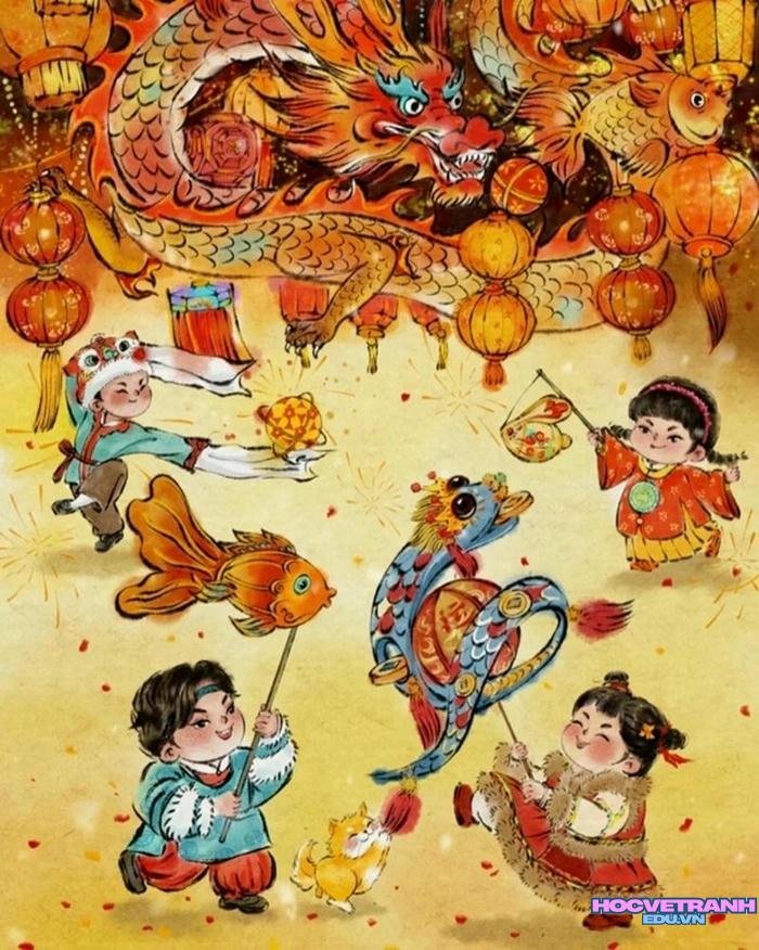 tranh rước đèn cuộc sống quanh em