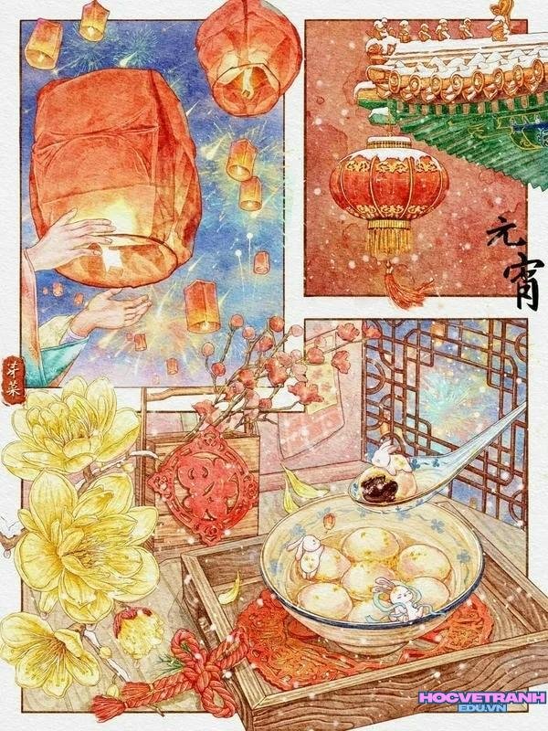 tranh thả đèn đêm hội