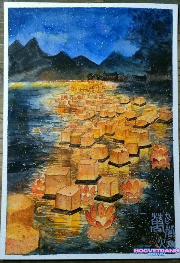 tranh thả đèn trên sông