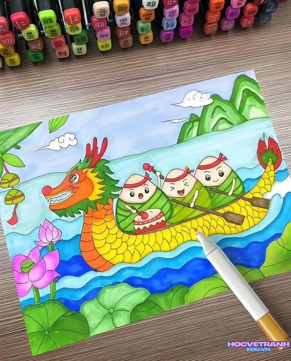 tranh thuyền bè tấp nập