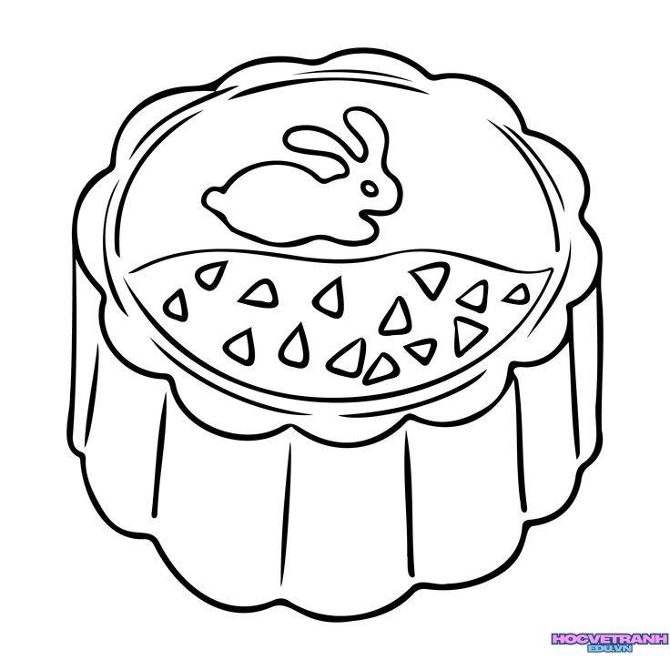 Hand drawn mooncake with scalloped edge and rabbit design on top in black outline style