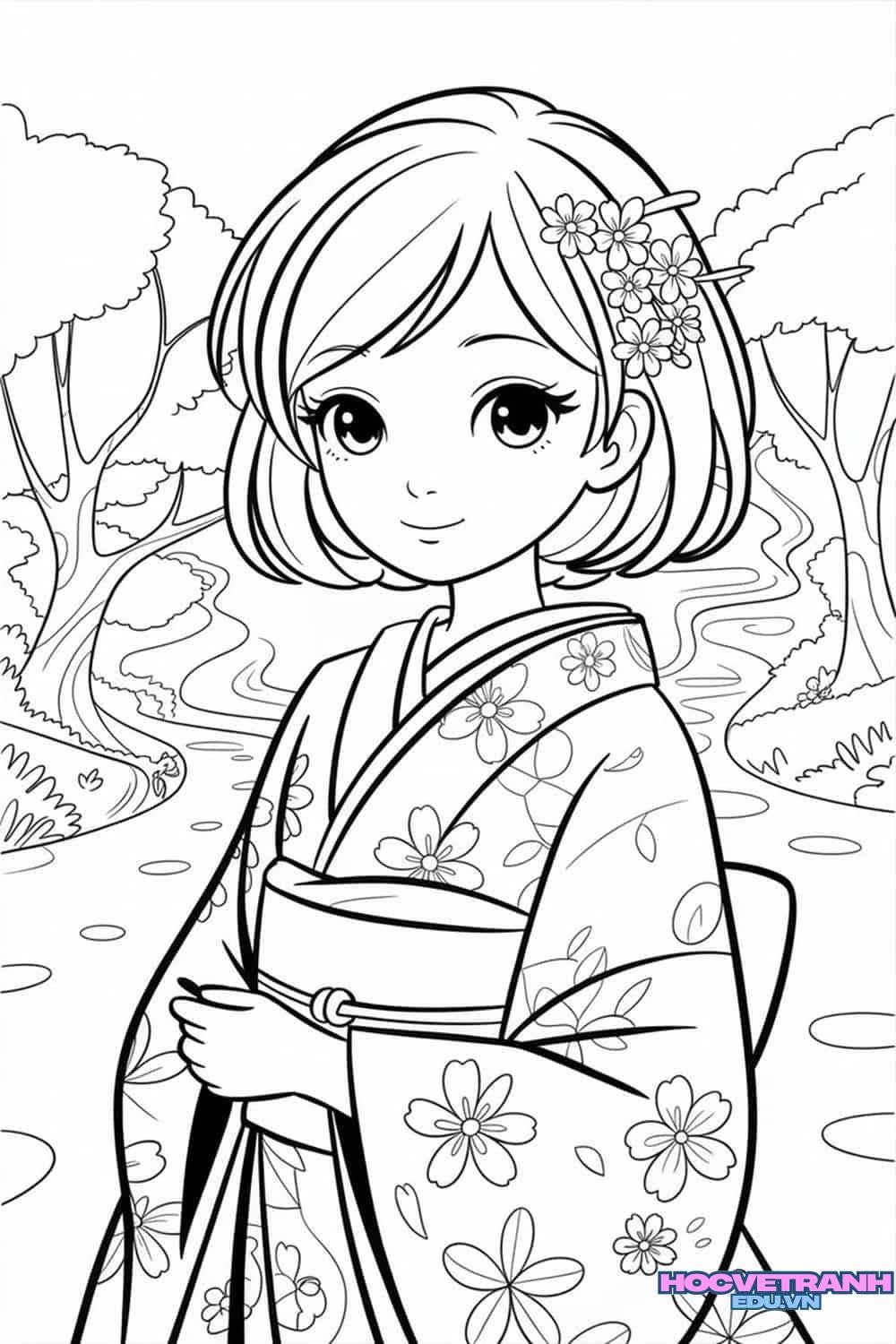 tranh tô màu bé gái dễ thương