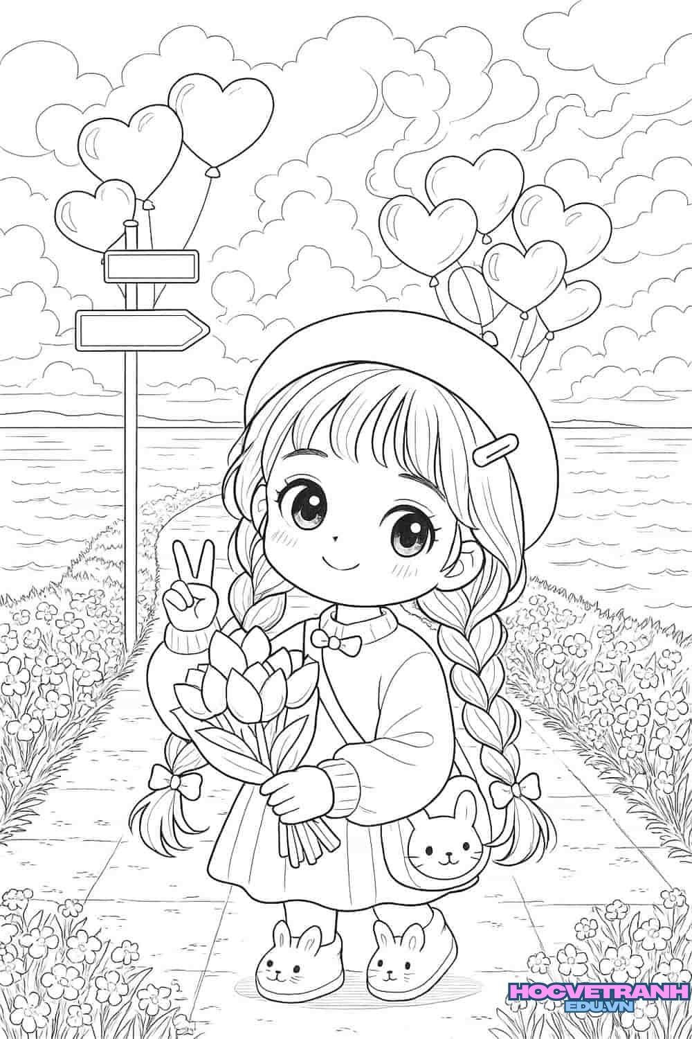 tranh tô màu bé gái tóc dài