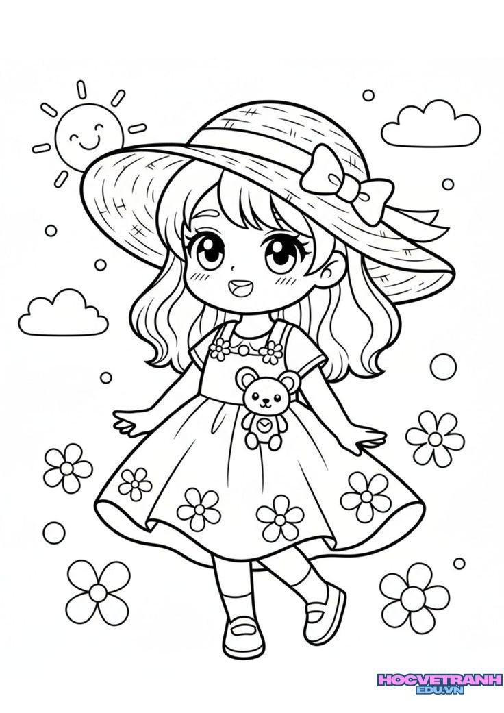 tranh tô màu bé gái vui nhộn