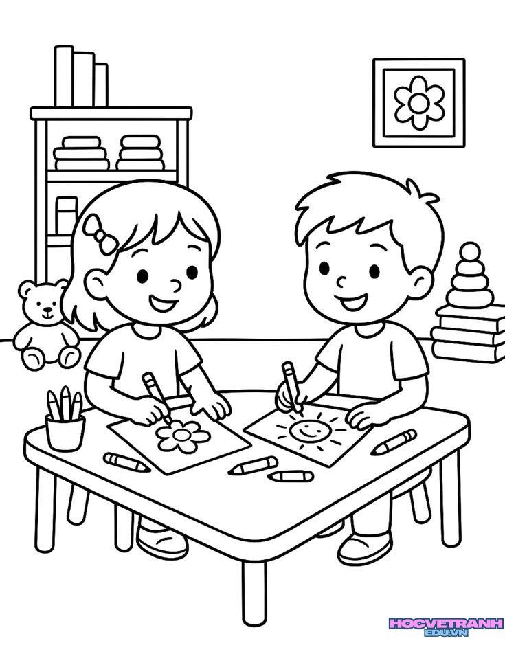 tranh tô màu bé trai bé gái