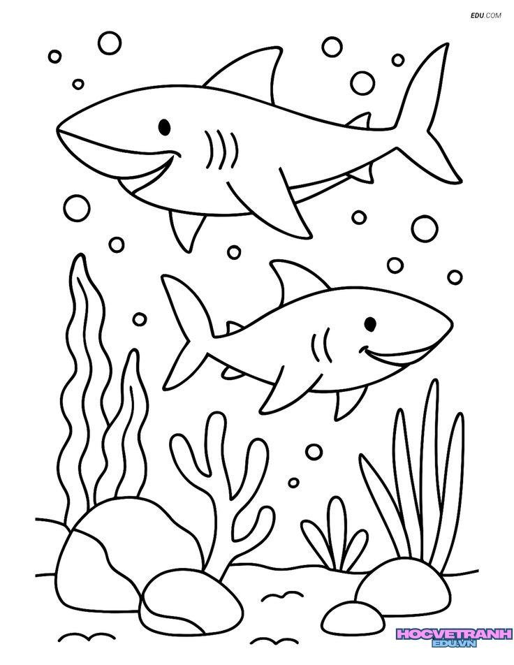 tranh tô màu cá mập vui