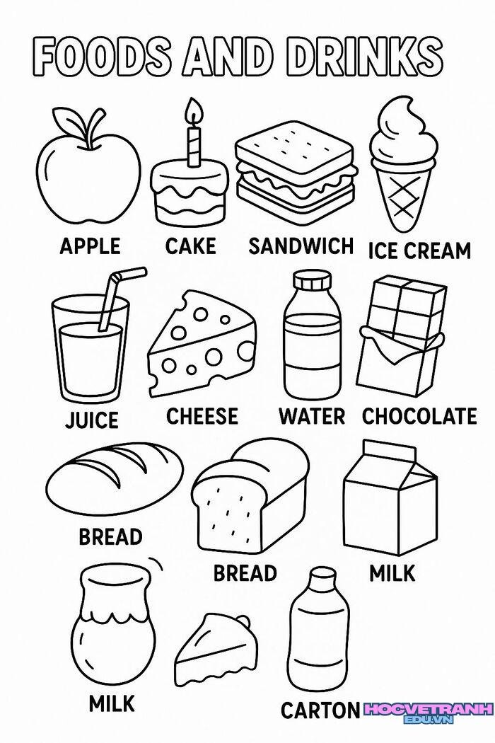 tranh tô màu các nhóm thực phẩm cho bé xinh nhất