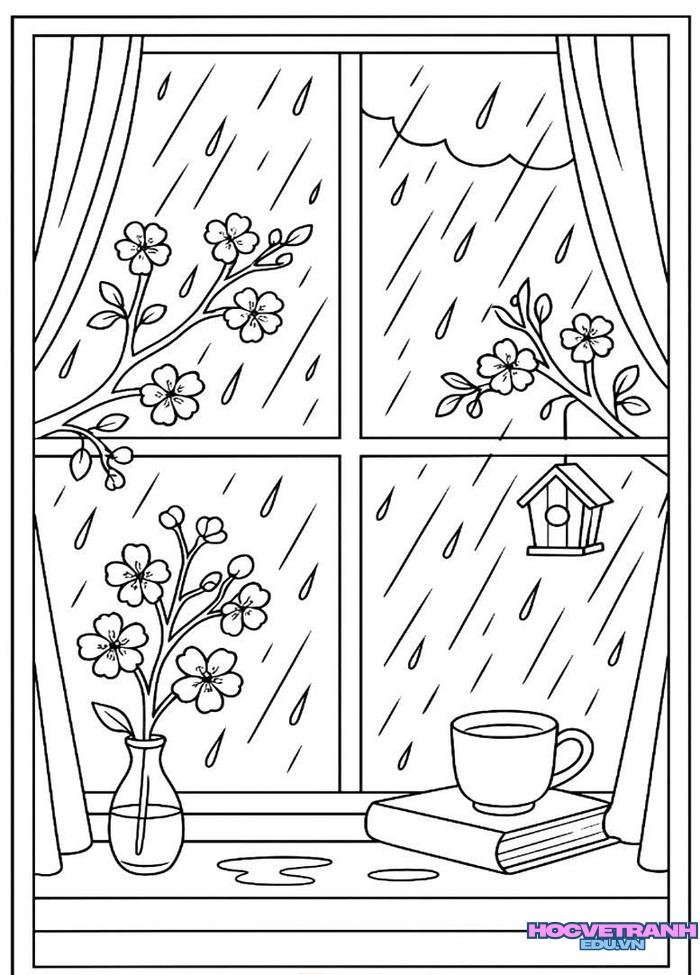 tranh tô màu cảnh trời mưa cực xinh