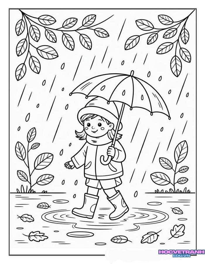 tranh tô màu cảnh trời mưa cute