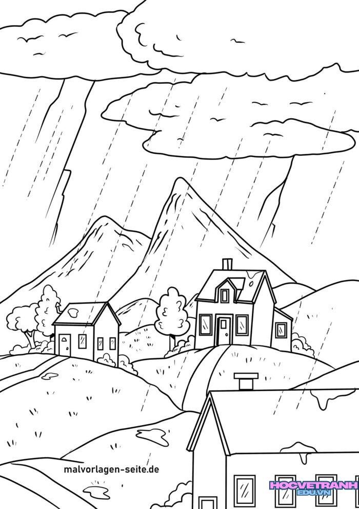 tranh tô màu cảnh trời mưa siêu cute