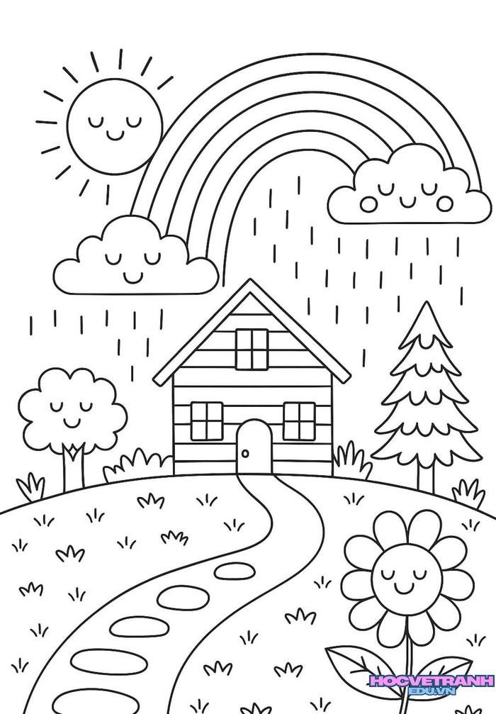 tranh tô màu cảnh trời mưa xinh