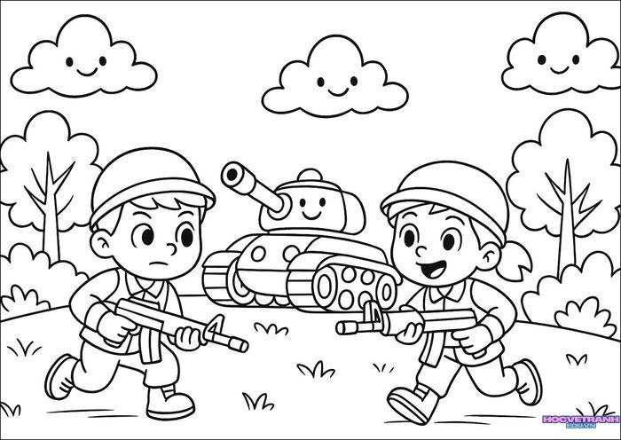 tranh tô màu chú bộ đội cực cute