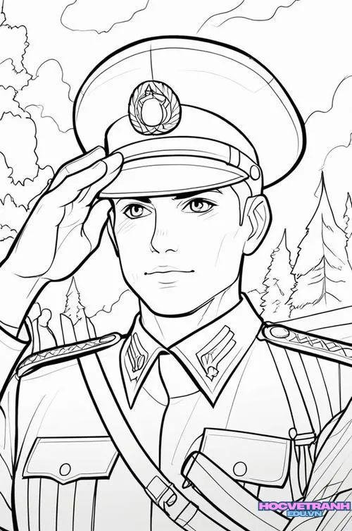 tranh tô màu chú bộ đội cười