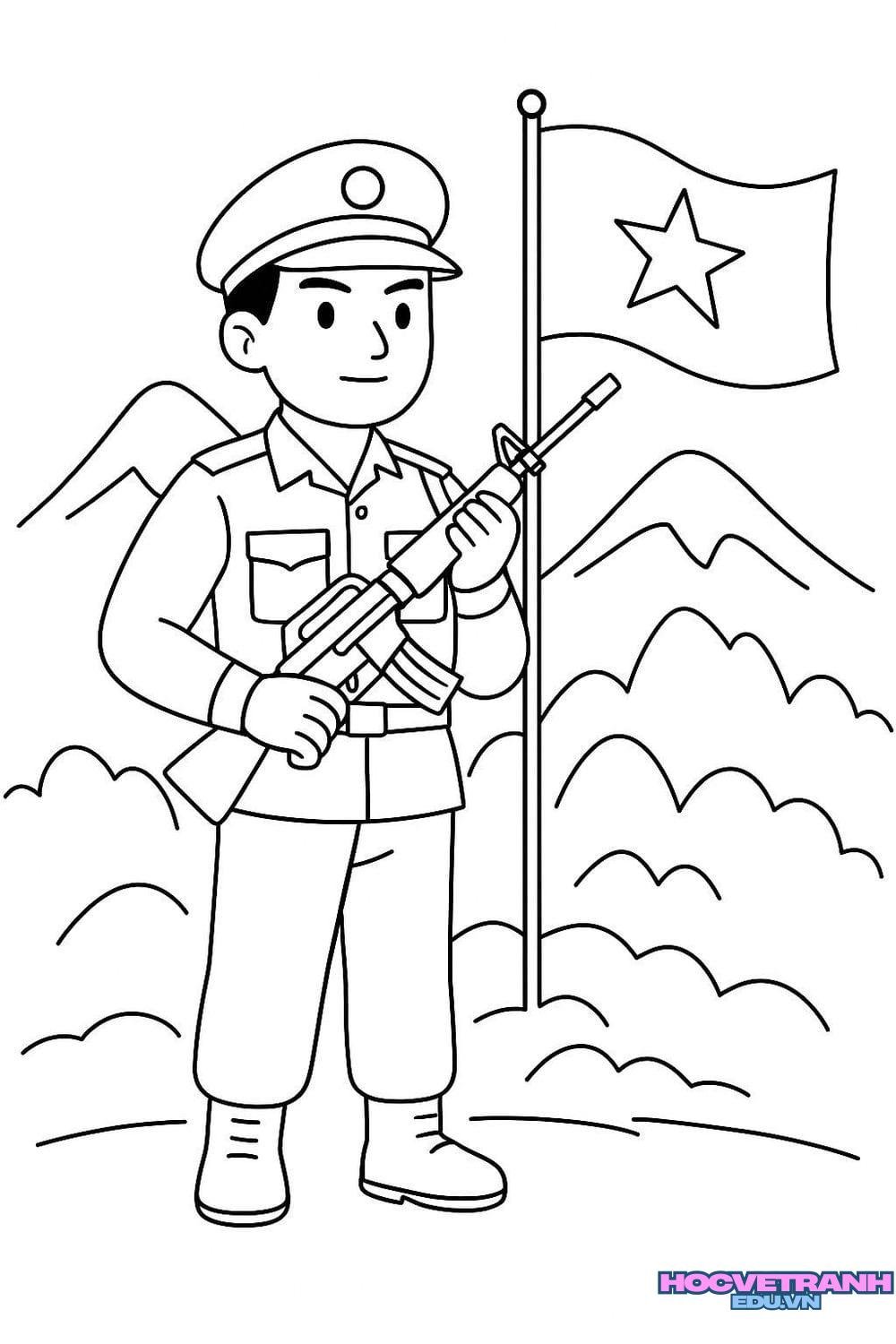 tranh tô màu chú bộ đội hành quân