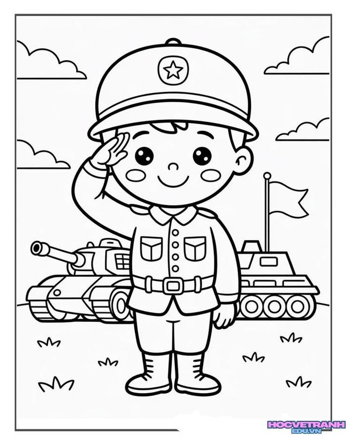 tranh tô màu chú bộ đội siêu cute