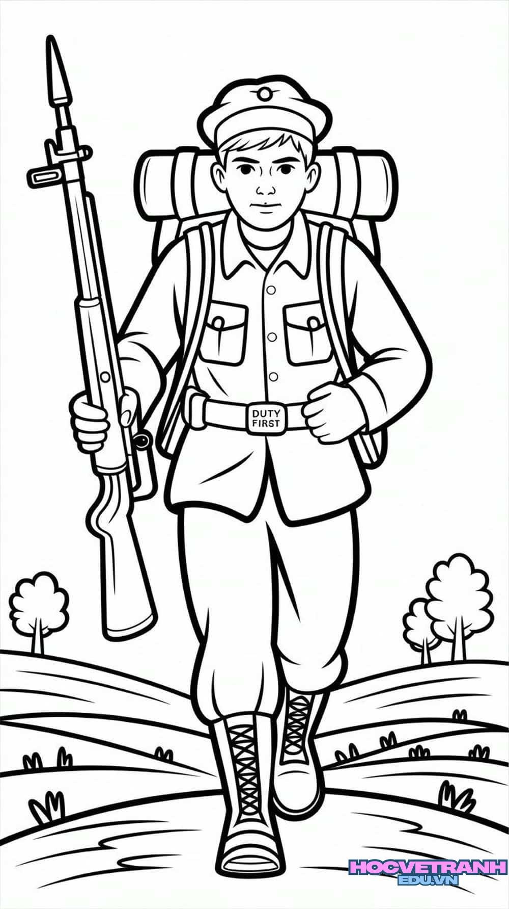 tranh tô màu chú bộ đội vui