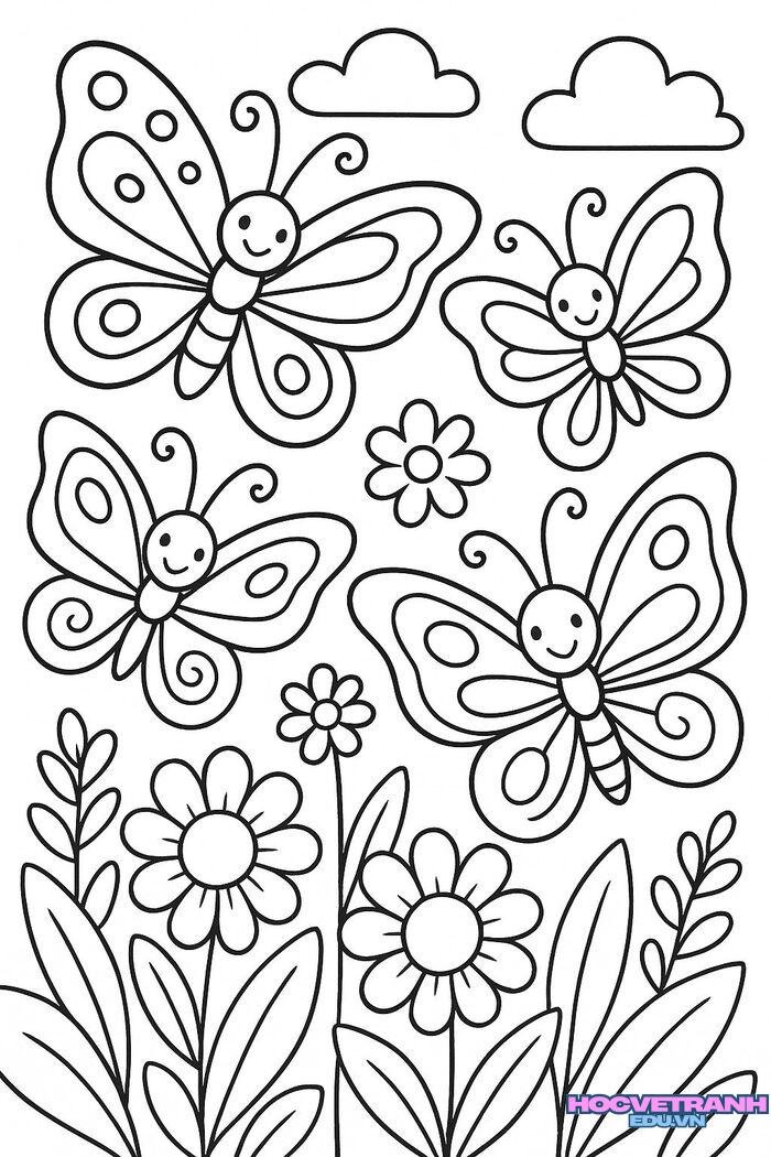 tranh tô màu con bướm và hoa